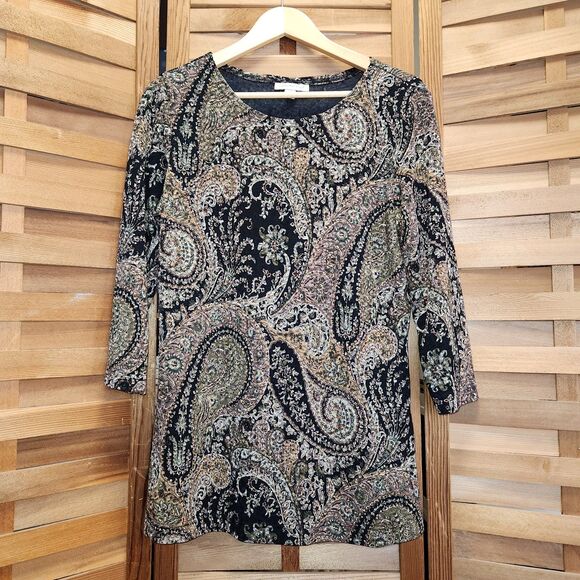 Coldwater Creek Tops - Coldwater Creek Black Green Brown Fleur Blouse Women M 3/4 Sleeve Shirt Polyeste